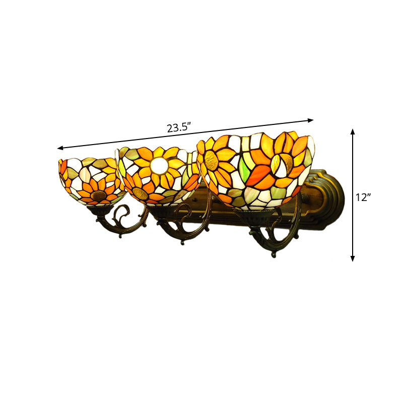 3-Light Bowl Sconce Light Victorian Yellow Hand Cut Glass Wall Lighting Fixture with Sunflower Pattern