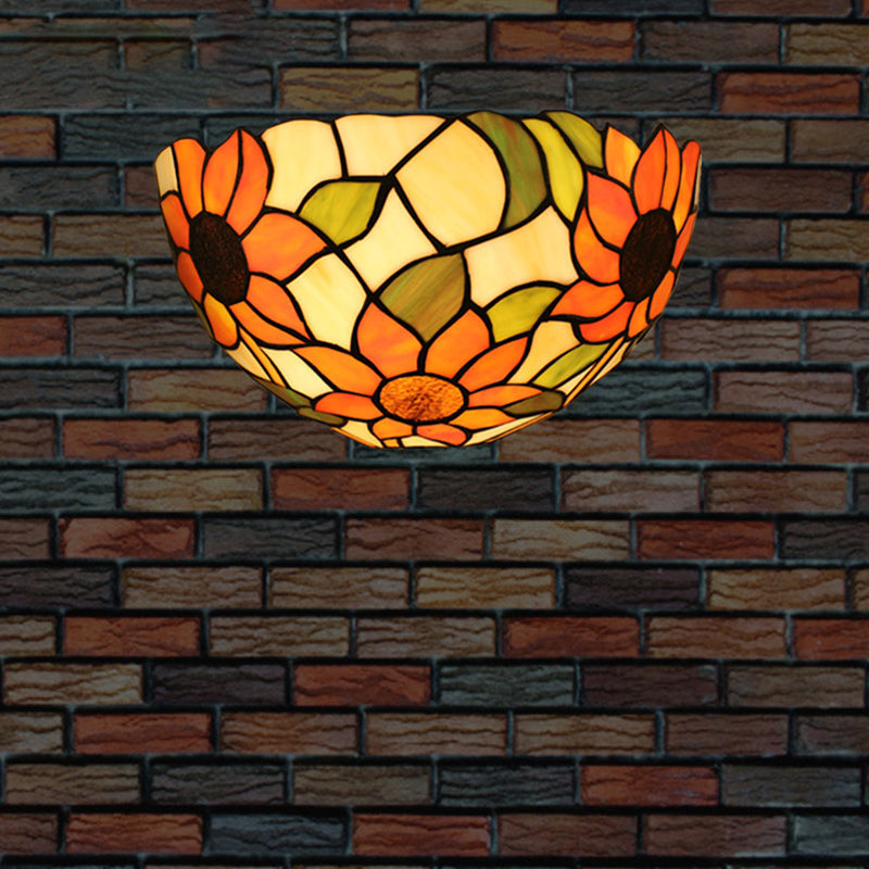 1-Head Flush Wall Sconce Tiffany Style Bowl Shade Stained Glass Wall Light Fixture