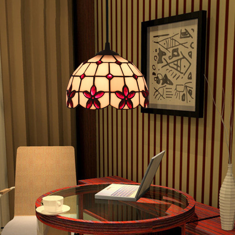 1-Head Hanging Light Kit Tiffany Lattice Bowl White Glass Jeweled Flower Pendant Lighting for Dining Room