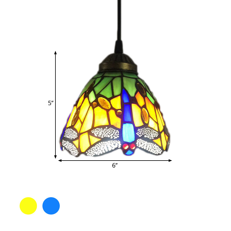Bell Stained Glass Hanging Pendant Light Baroque 1-Bulb Drop Lamp with Dragonfly Pattern