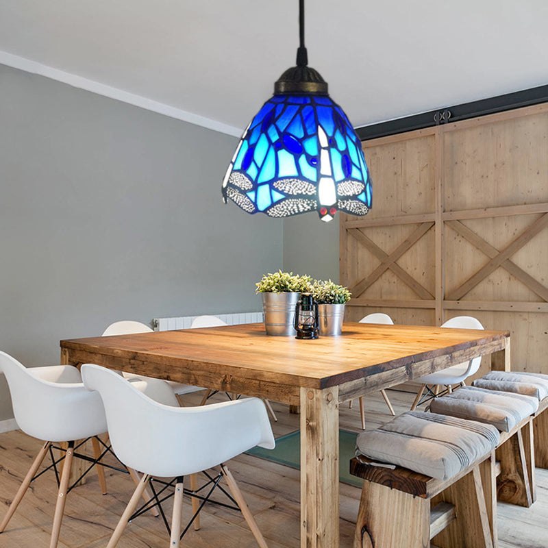 Bell Stained Glass Hanging Pendant Light Baroque 1-Bulb Drop Lamp with Dragonfly Pattern