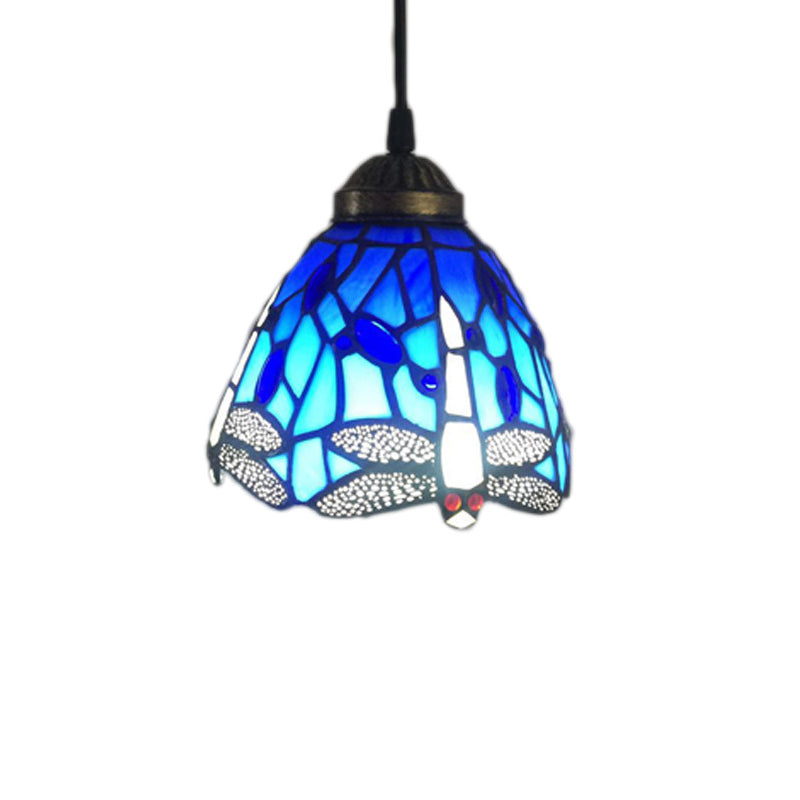 Bell Stained Glass Hanging Pendant Light Baroque 1-Bulb Drop Lamp with Dragonfly Pattern