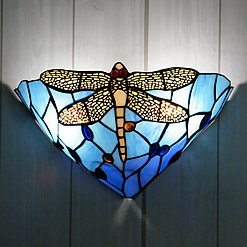 Cone Cut Glass Wall Mount Sconce Tiffany 1 Head Dragonfly Patterned Wall Hanging Light