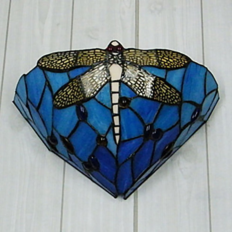 Cone Cut Glass Wall Mount Sconce Tiffany 1 Head Dragonfly Patterned Wall Hanging Light
