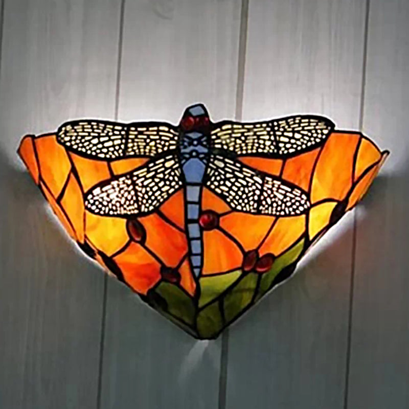 Cone Cut Glass Wall Mount Sconce Tiffany 1 Head Dragonfly Patterned Wall Hanging Light