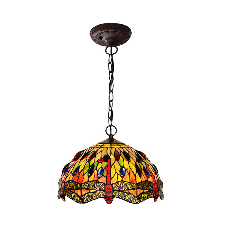 Bowl Pendant Lighting 1 Light Stained Glass Mediterranean Hanging Light Kit with Dragonfly Patterned in Green