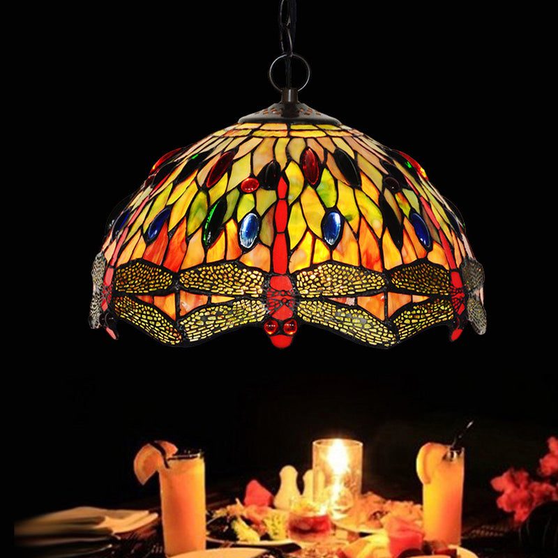 Bowl Pendant Lighting 1 Light Stained Glass Mediterranean Hanging Light Kit with Dragonfly Patterned in Green