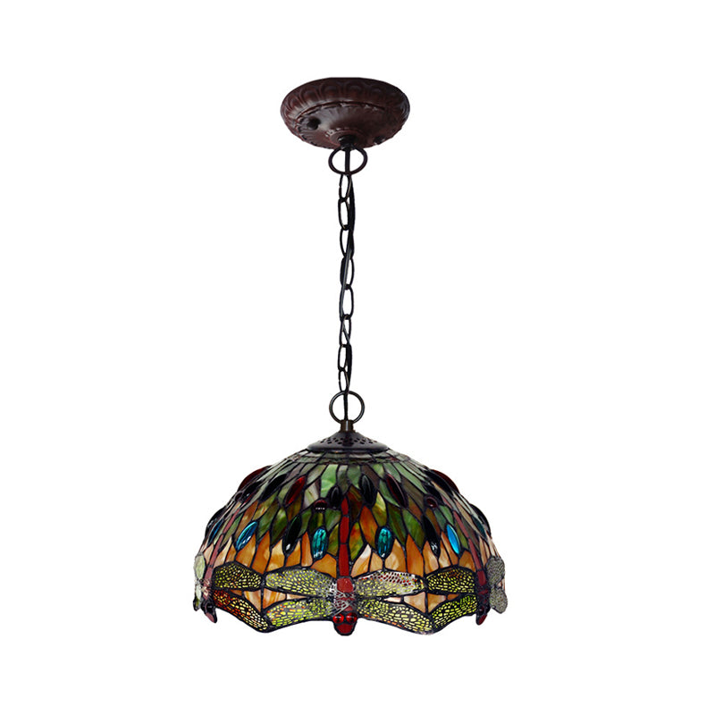 Bowl Pendant Lighting 1 Light Stained Glass Mediterranean Hanging Light Kit with Dragonfly Patterned in Green