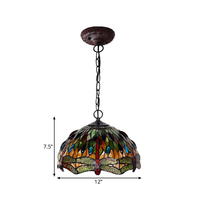 Bowl Pendant Lighting 1 Light Stained Glass Mediterranean Hanging Light Kit with Dragonfly Patterned in Green