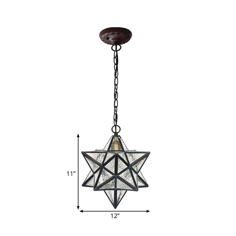 Star Pendant Light Fixture Mission Clear Ripple Glass 1-Light Black Drop Lamp for Dining Room