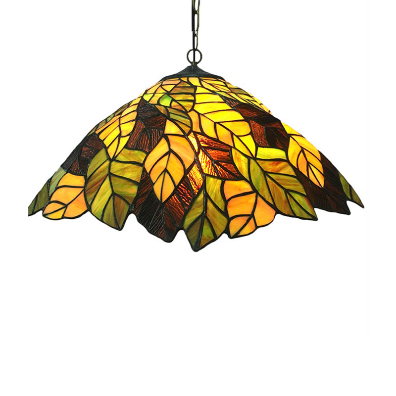 Yellow Cone Drop Pendant Baroque 1-Bulb Stained Art Glass Hanging Ceiling Light with Leaf Pattern