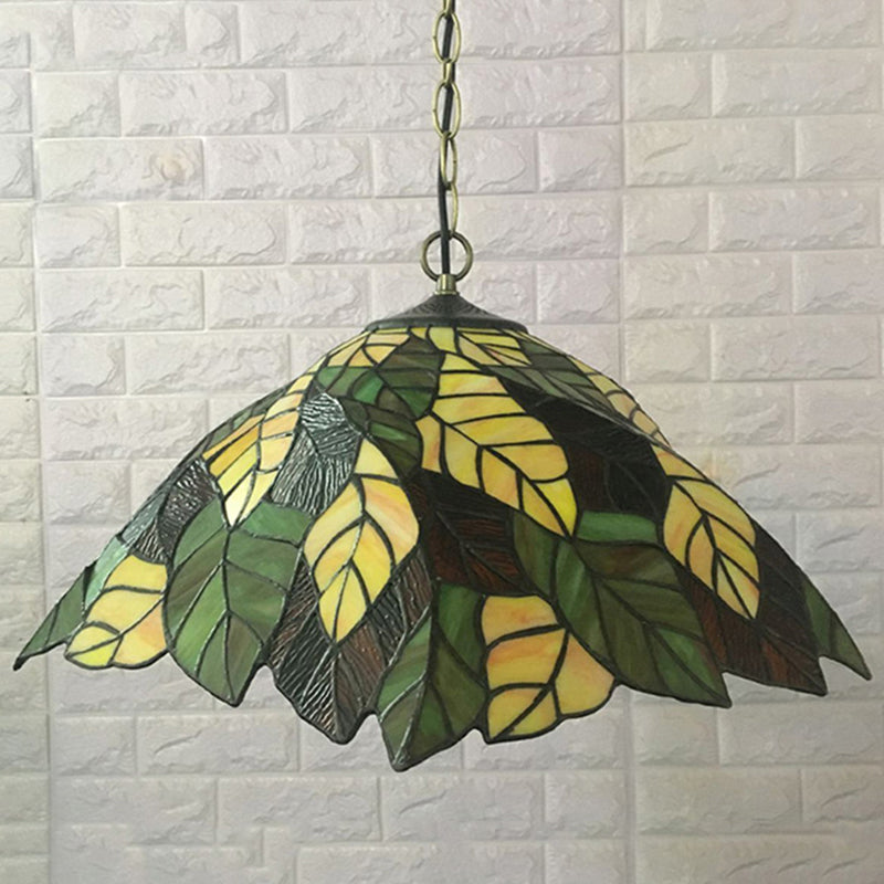 Yellow Cone Drop Pendant Baroque 1-Bulb Stained Art Glass Hanging Ceiling Light with Leaf Pattern