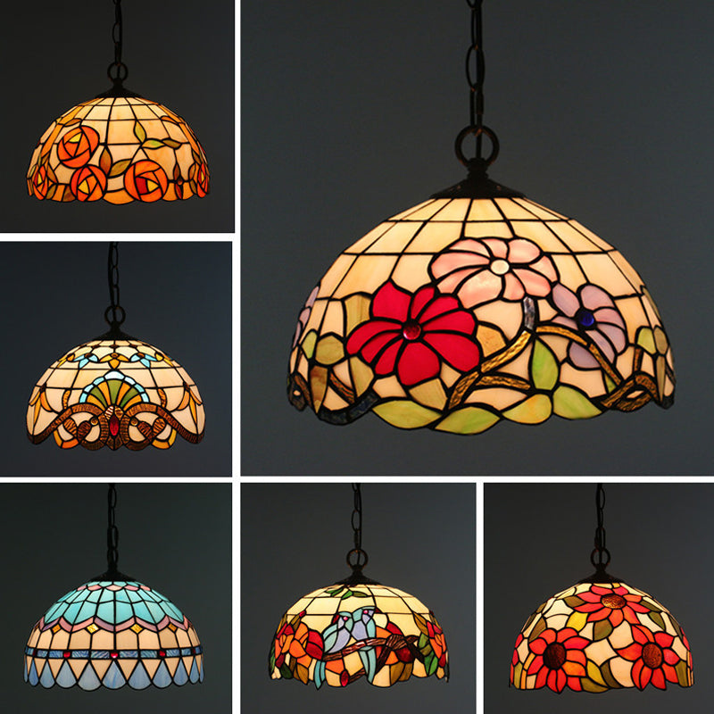 Lampada a goccia da pranzo a 1 bulbina Tiffany Black Floral Moderned Light Kit con tonalità in vetro tagliata a mano Cucciolo