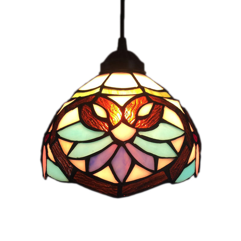 Bowl Shade Hanging Lighting 1 Light Hand Cut Glass Mediterranean Pendant Lamp in Blue