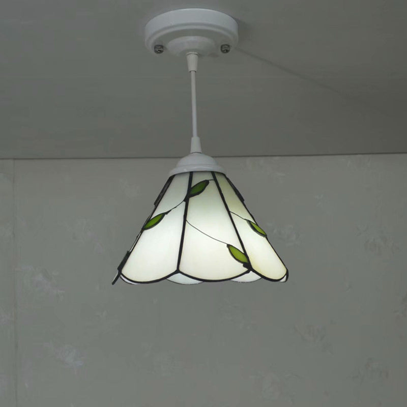 White Glass Cone Hanging Light Kit Mission 1 Light Bronze Leaf Patterned Pendant Lamp with Scalloped Trim