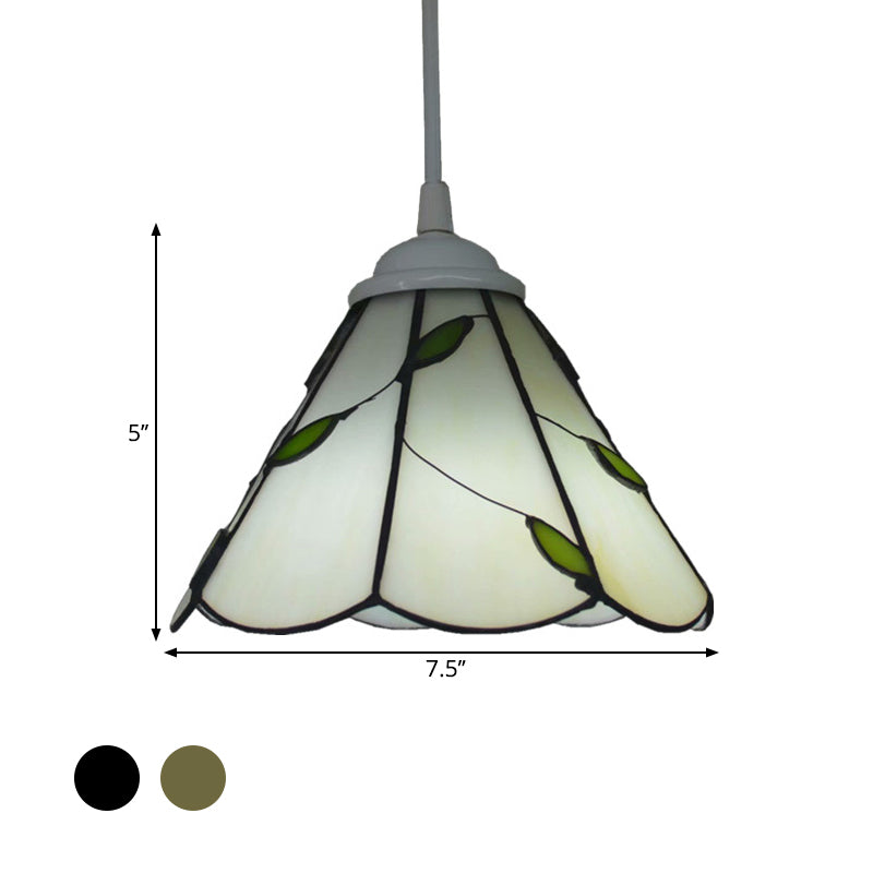White Glass Cone Hanging Light Kit Mission 1 Light Bronze Leaf Patterned Pendant Lamp with Scalloped Trim