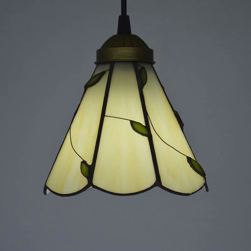 White Glass Cone Hanging Light Kit Mission 1 Light Bronze Leaf Patterned Pendant Lamp with Scalloped Trim