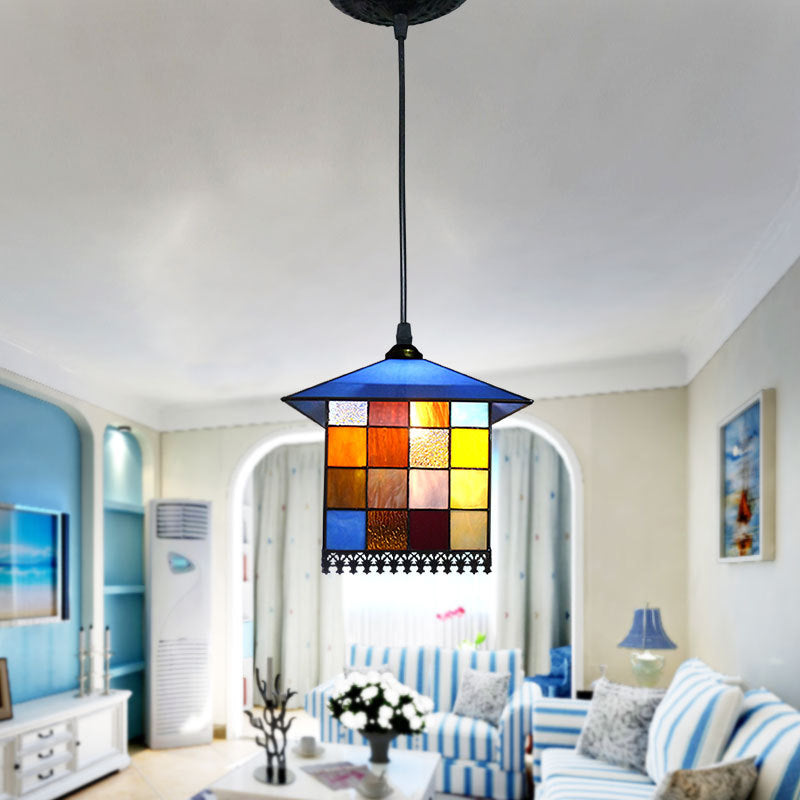 1-Light House Shaped Ceiling Pendant Mediterranean Blue Stained Glass Suspension Lighting