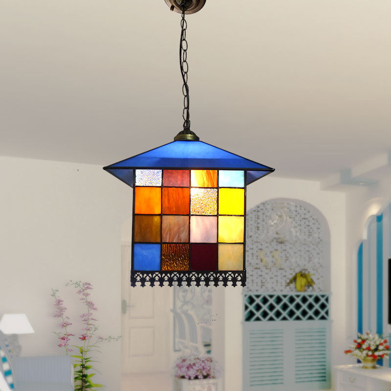 1-Light House Shaped Ceiling Pendant Mediterranean Blue Stained Glass Suspension Lighting