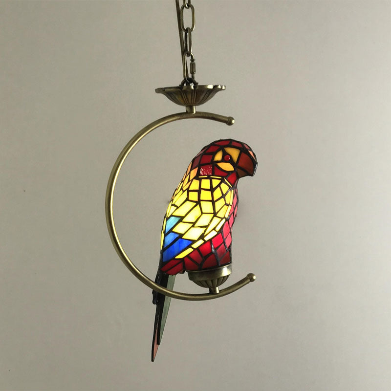 Bronze 1-Head Pendant Light Kit Baroque Metal C-Frame Hanging Lighting with Geometry Cut Glass Shade