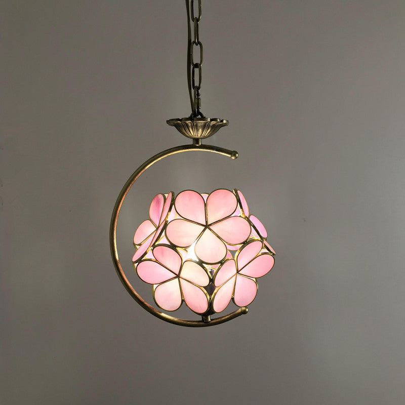 Bronze 1-Head Pendant Light Kit Baroque Metal C-Frame Hanging Lighting with Geometry Cut Glass Shade