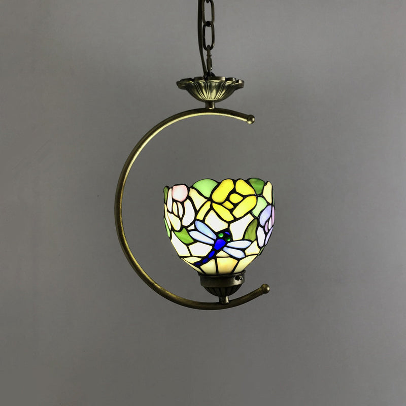 Bronze 1-Head Pendant Light Kit Baroque Metal C-Frame Hanging Lighting with Geometry Cut Glass Shade