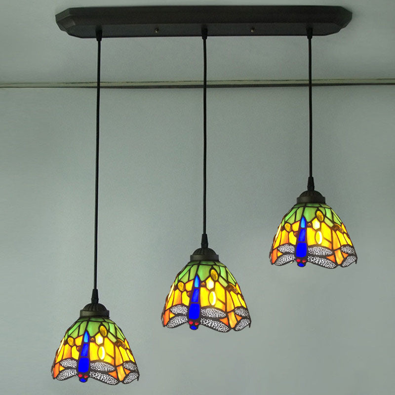 Cut Glass Drop Lamp Dome 3 Bulbs Mediterranean Pendant Lighting Fixture with Dragonfly Pattern
