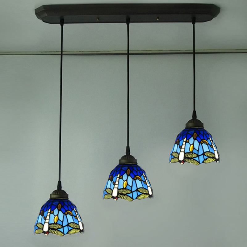 Cut Glass Drop Lamp Dome 3 Bulbs Mediterranean Pendant Lighting Fixture with Dragonfly Pattern