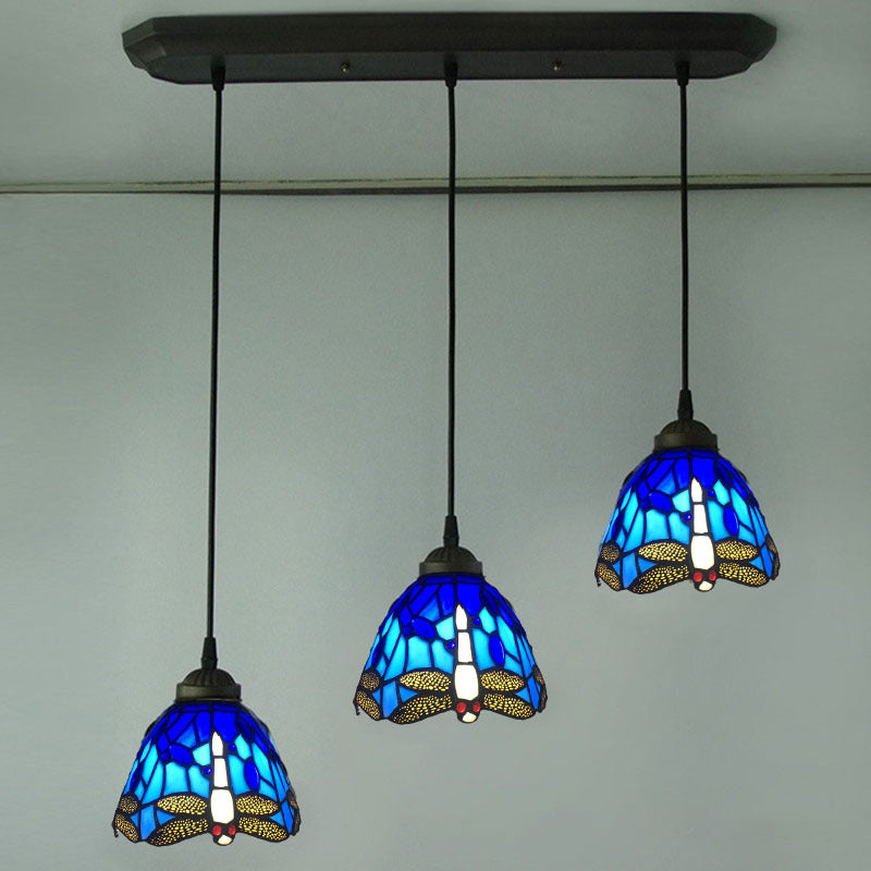 Cut Glass Drop Lamp Dome 3 Bulbs Mediterranean Pendant Lighting Fixture with Dragonfly Pattern
