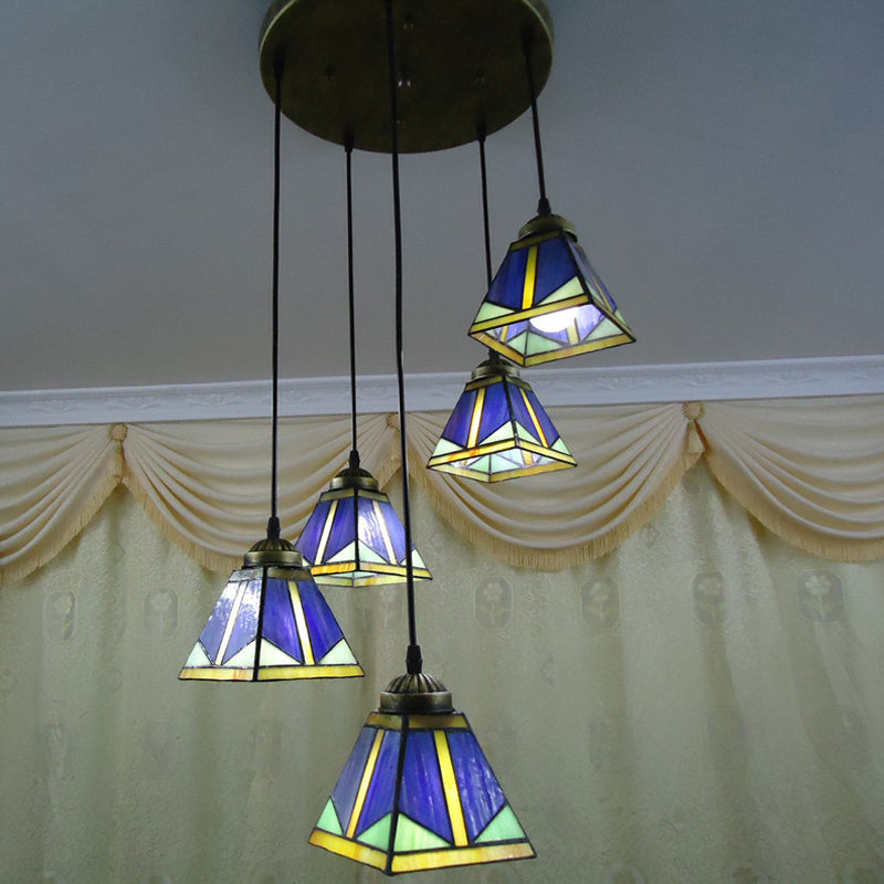 Trapezoid Hanging Pendant Light Stained Art Glass Mission Style Down Lighting in Blue