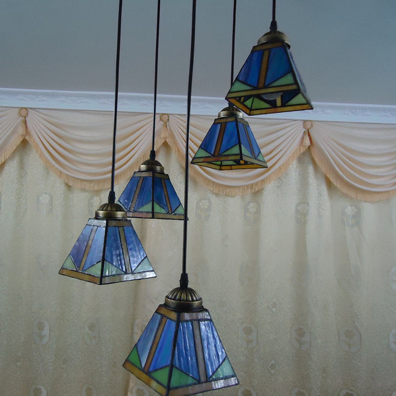 Trapezoid Hanging Pendant Light Stained Art Glass Mission Style Down Lighting in Blue