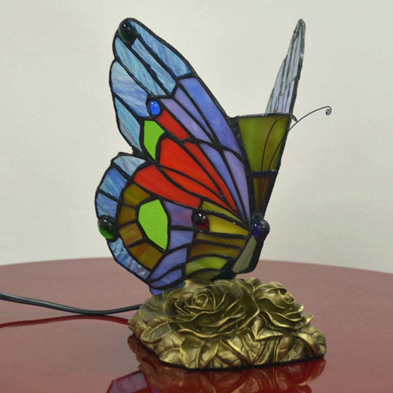 Éclairage de chevet de papillon bleu baroque 1 lampe de nuit en verre coupé clair avec base de rose en résine