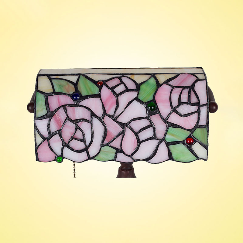 Lampada per pianoforte con motivi a rosa Vetro colorato mediterraneo Illuminazione da scrivania con catena a 1 testa rosa