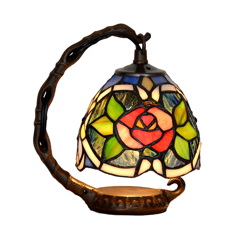 Victorian Dome Table Lighting 1-Light Handcrafted Art Glass Floral Patterned Desk Lamp in Green