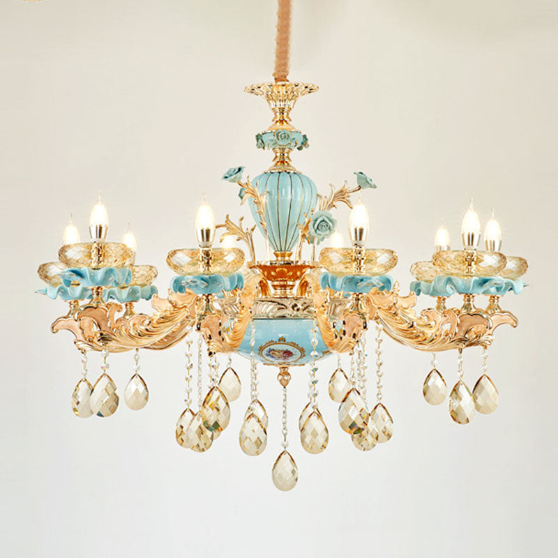Shallow Bowl Living Room Chandelier Amber Crystal Modern Ceramics Pendant Light Kit in Gold