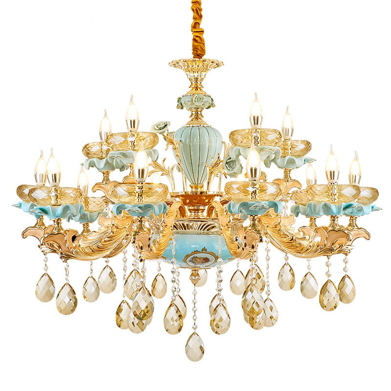 Shallow Bowl Living Room Chandelier Amber Crystal Modern Ceramics Pendant Light Kit in Gold