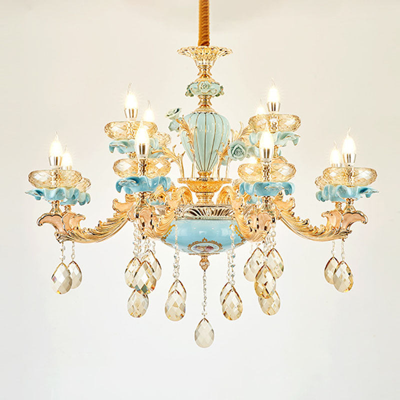 Shallow Bowl Living Room Chandelier Amber Crystal Modern Ceramics Pendant Light Kit in Gold