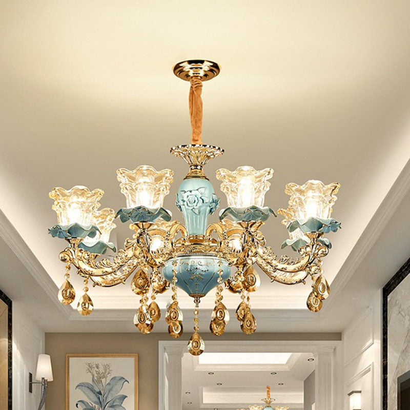 Floral Blown Clear Glass Chandelier Lamp Minimalist Gold Suspension Pendant Light for Living Room