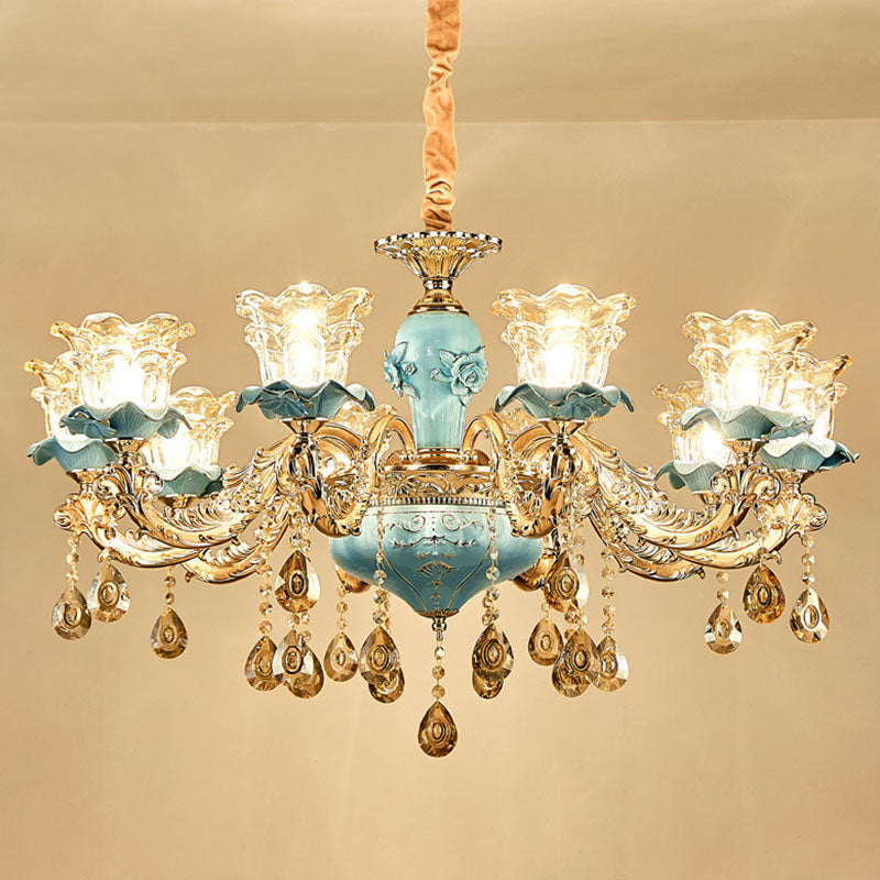 Floral Blown Clear Glass Chandelier Lamp Minimalist Gold Suspension Pendant Light for Living Room