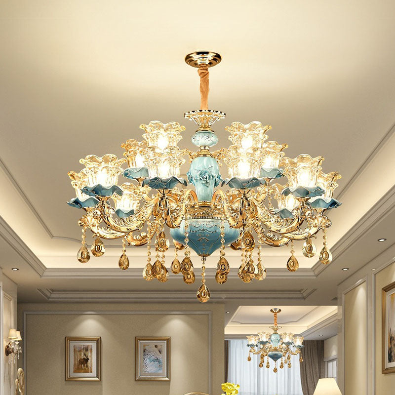Floral Blown Clear Glass Chandelier Lamp Minimalist Gold Suspension Pendant Light for Living Room