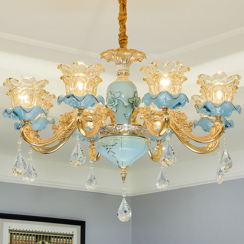 Clear Textured Glass Petal Chandelier Lighting Modernist Gold Hanging Pendant Light with Crystal Accent