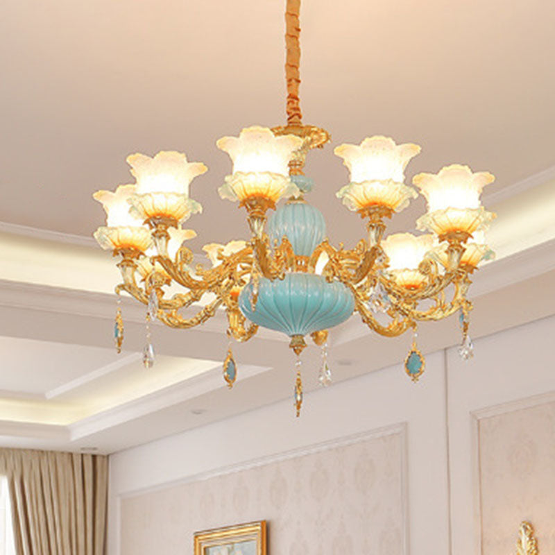 Gold Blossom Ceiling Chandelier Modernity Frosted Glass Hanging Light Fixture with Crystal Accent