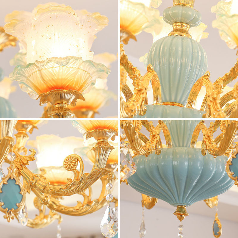Gold Blossom Ceiling Chandelier Modernity Frosted Glass Hanging Light Fixture with Crystal Accent