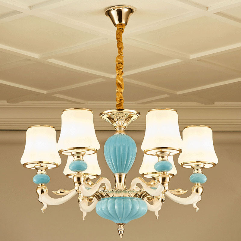 Modern Suspension Lamp Light Blue Tapered Ceramics Chandelier Lighting Fixture with Opal Glass Shade