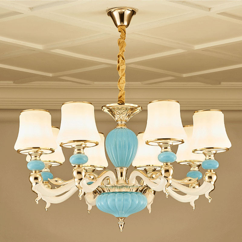 Modern Suspension Lamp Light Blue Tapered Ceramics Chandelier Lighting Fixture with Opal Glass Shade
