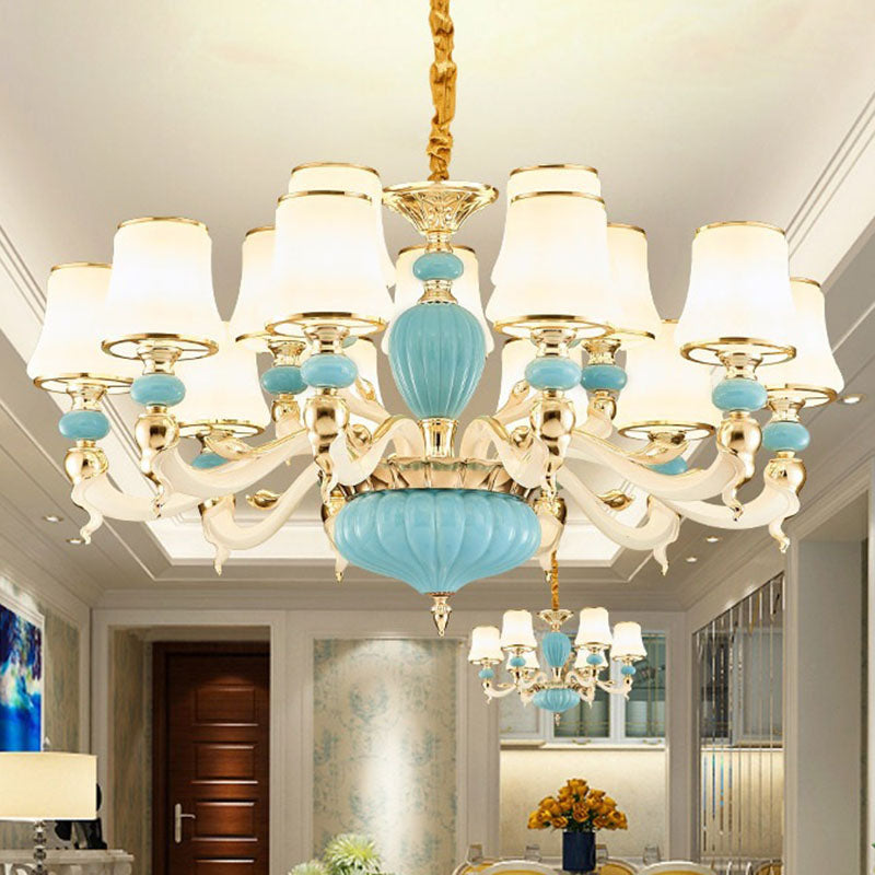 Modern Suspension Lamp Light Blue Tapered Ceramics Chandelier Lighting Fixture with Opal Glass Shade