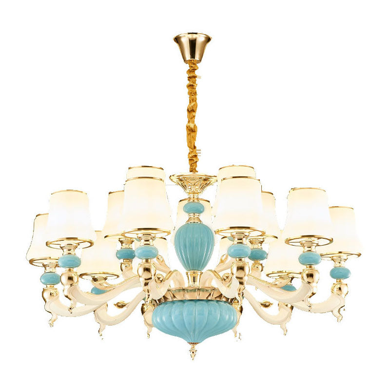 Modern Suspension Lamp Light Blue Tapered Ceramics Chandelier Lighting Fixture with Opal Glass Shade