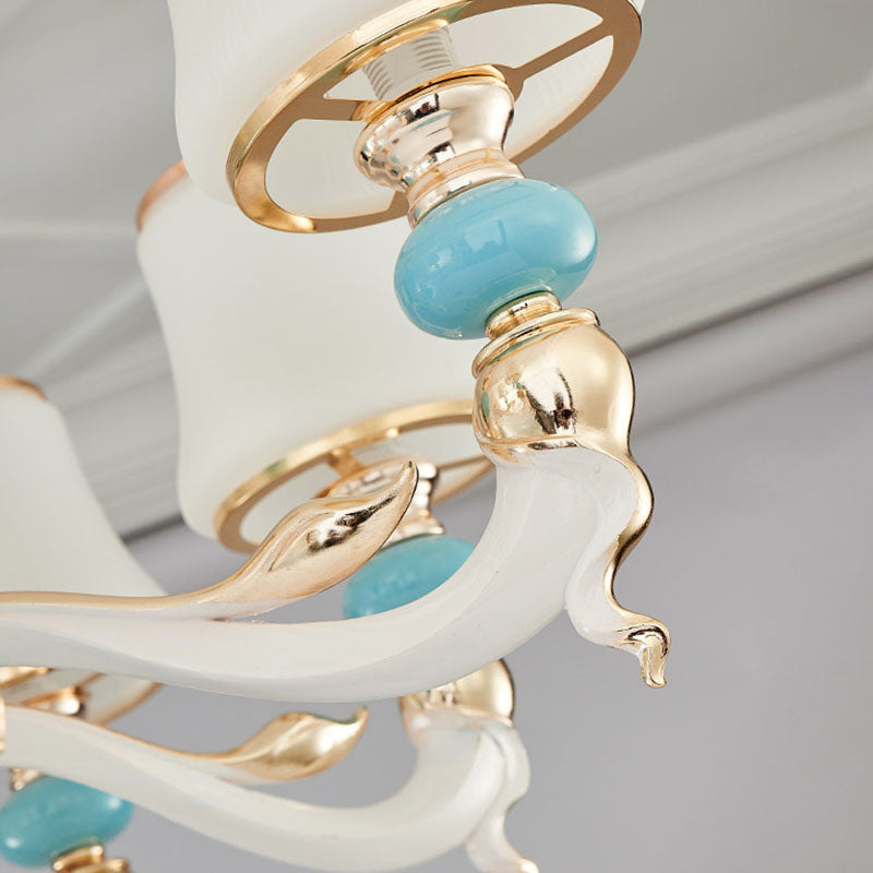 Modern Suspension Lamp Light Blue Tapered Ceramics Chandelier Lighting Fixture with Opal Glass Shade