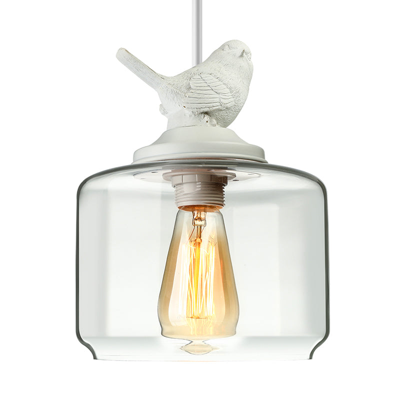 Cylindrical/Barrel shaped Pendant Lighting Modernist 1/5 Lights Clear Glass White Hanging Lamp with Bird Design