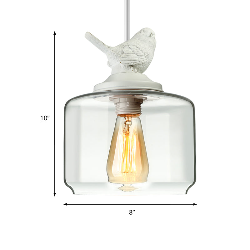 Cylindrical/Barrel shaped Pendant Lighting Modernist 1/5 Lights Clear Glass White Hanging Lamp with Bird Design